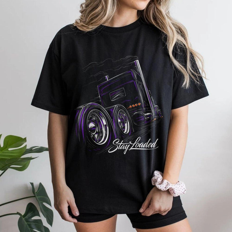 Stay Loaded Trucker T-Shirt | Neon Big Rig Semi Graphic | Premium Soft Cotton Tee | Gift for Truck Drivers and Heavy Duty Automotive Enthusiasts
