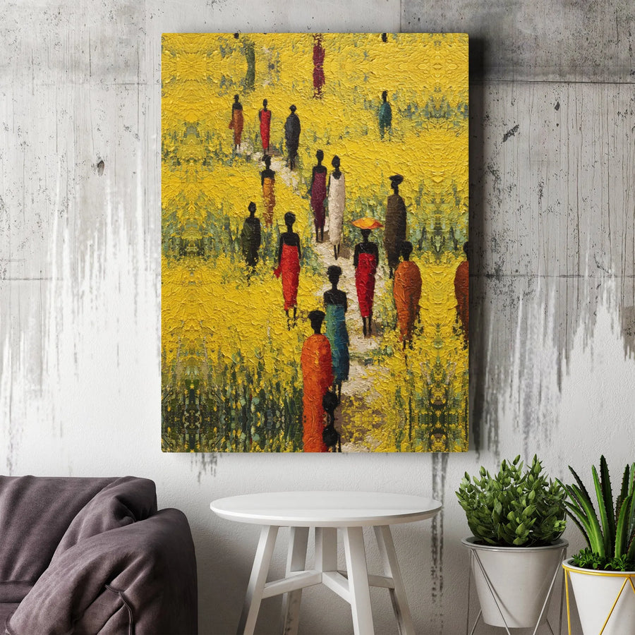 African Art Canvas Wall Art | Abstract Village People in Yellow Field | Gallery Quality Print | Afrocentric Home Decor Gift