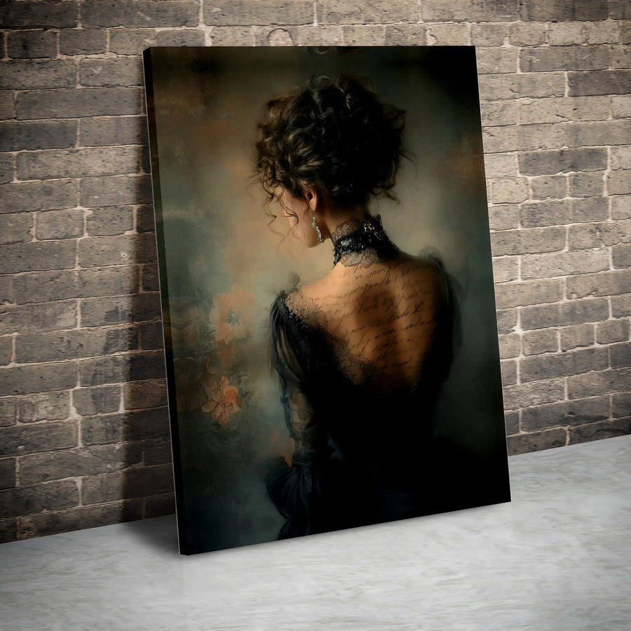 Gothic Victorian Woman Canvas Print | Moody Vintage Portrait with Script Lettering | 1.25 Inch Gallery Wrap | Elegant Dark Academia Wall Art