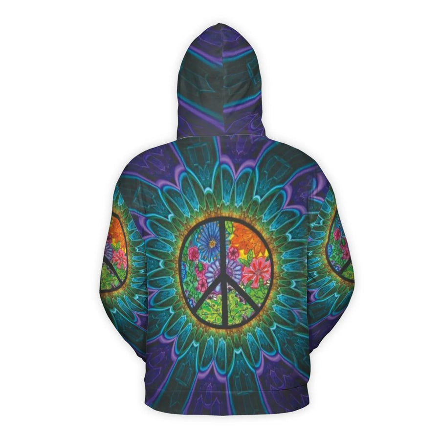 Psychedelic Floral Peace Sign Hoodie | All-Over Print Graphic Pullover | Soft Brushed Fleece Fabric | Unisex Festival Clothing Gift
