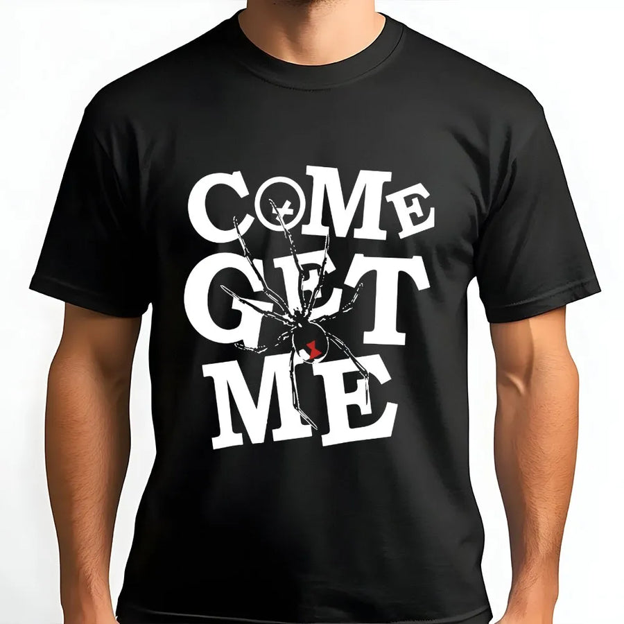 Black Widow Spider Graphic Tee | Come Get Me Streetwear Print | Premium Cotton Shirt | Unisex Gift for Bikers and Racers