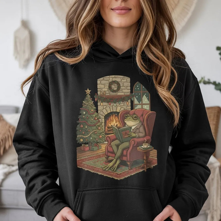 Reading Frog Hoodie | Cozy Christmas Bookish Design | Premium Cotton Blend | Funny Holiday Gift for Book Lovers and Readers