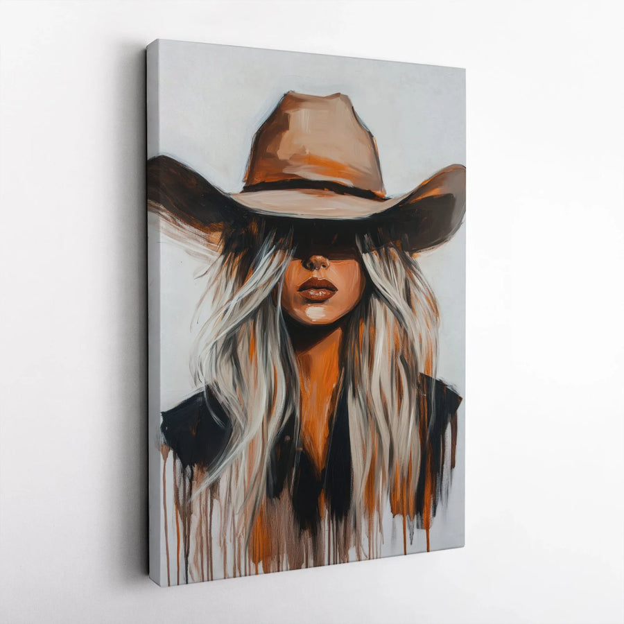 Western Cowgirl Canvas Wall Art | Abstract Blonde Woman Portrait | Premium Gallery Wrap Decor | Country Chic Home Gift For Her