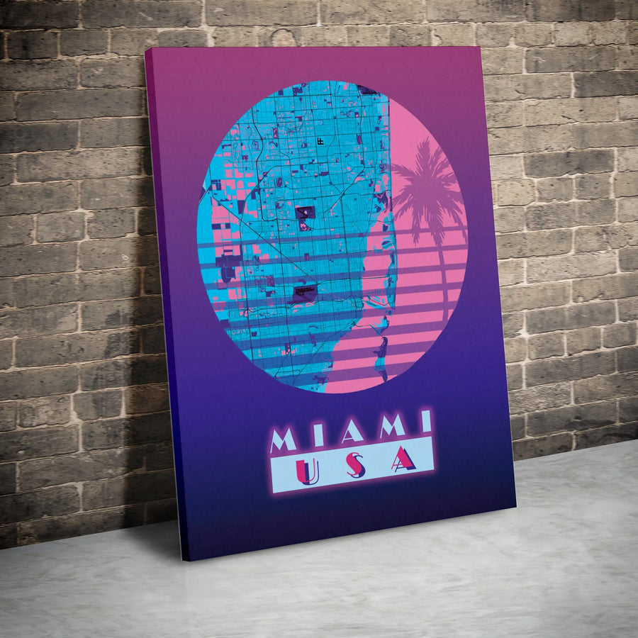 Miami Retro Map Canvas Wall Art | Synthwave 80s Neon Art Print | Premium Gallery Wrapped Canvas | Vaporwave Gamer Room Decor Gift