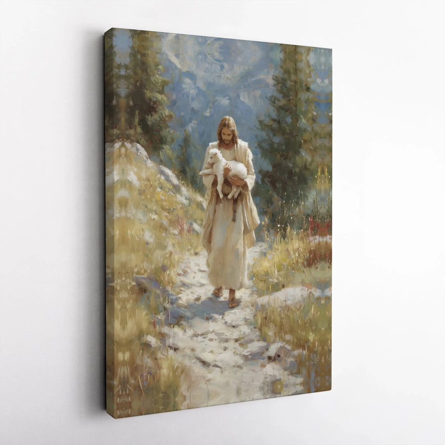 Jesus Holding Lamb Canvas Print | The Good Shepherd Religious Painting | Premium Gallery Wrapped Canvas | Christian Home Decor Gift