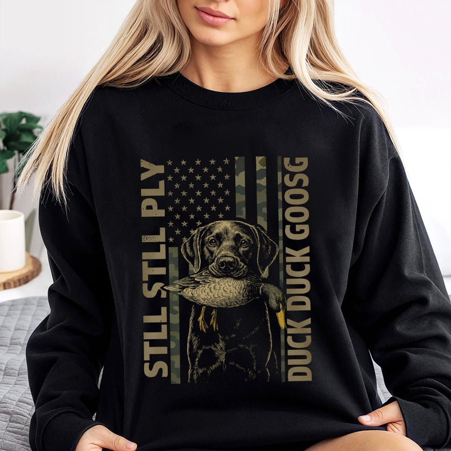 Duck Hunting Sweatshirt | Labrador Retriever American Flag Camo Graphic | Premium Cotton Blend | Gift for Hunter and Dog Lover