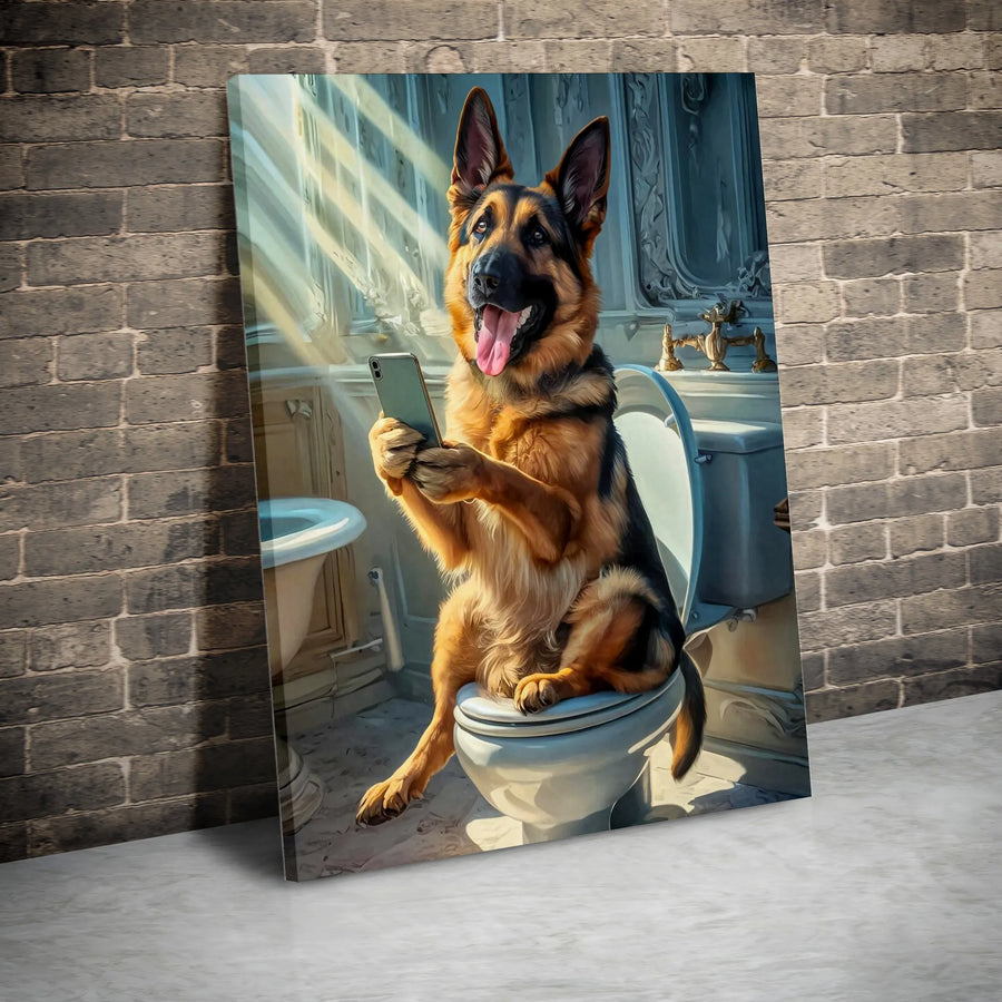 German Shepherd on Toilet Canvas Art | Funny Dog Bathroom Decor | Premium Gallery Wrapped Print | Unique Housewarming Gift for Dog Lover
