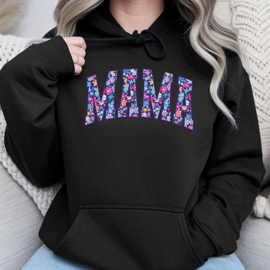 Mama Floral Hoodie | Retro Varsity Letters with Flower Print | Soft Cotton Blend Sweatshirt | Mothers Day Gift for Women
