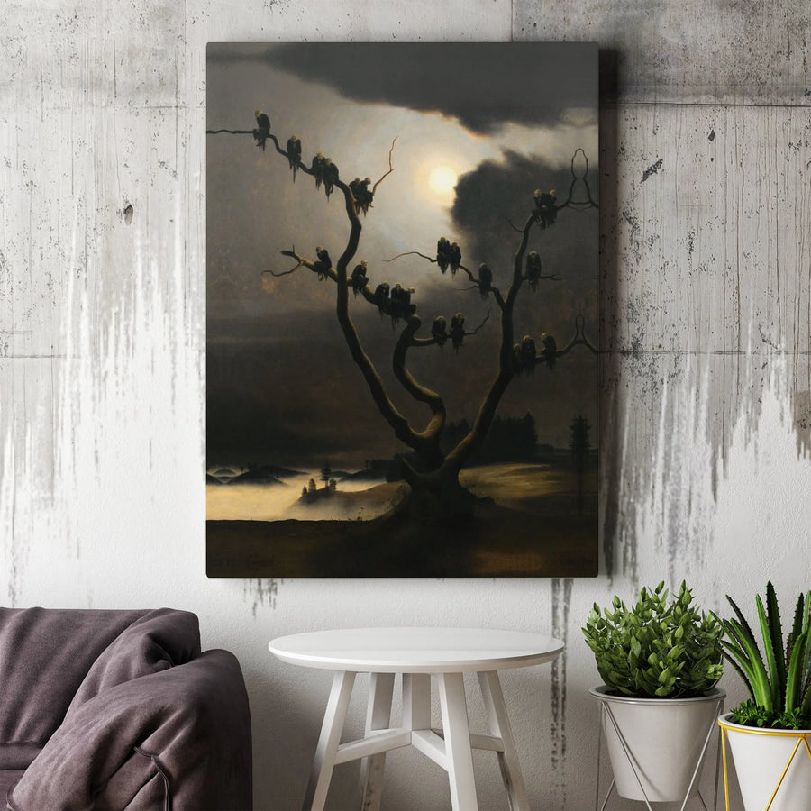 Gothic Moonlit Tree Canvas Print | Eerie Bird Silhouette Wall Art | Premium 1.25-Inch Framed Gallery Wrap | Dark Academia Home Decor