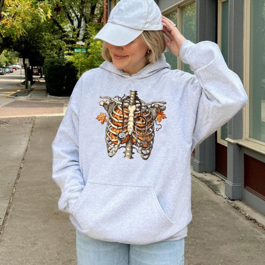 Nurse Pumpkin Rib Cage Hoodie | Spooky Skeleton Anatomy Graphic | Premium Cotton Blend | Halloween Medical Student Gift