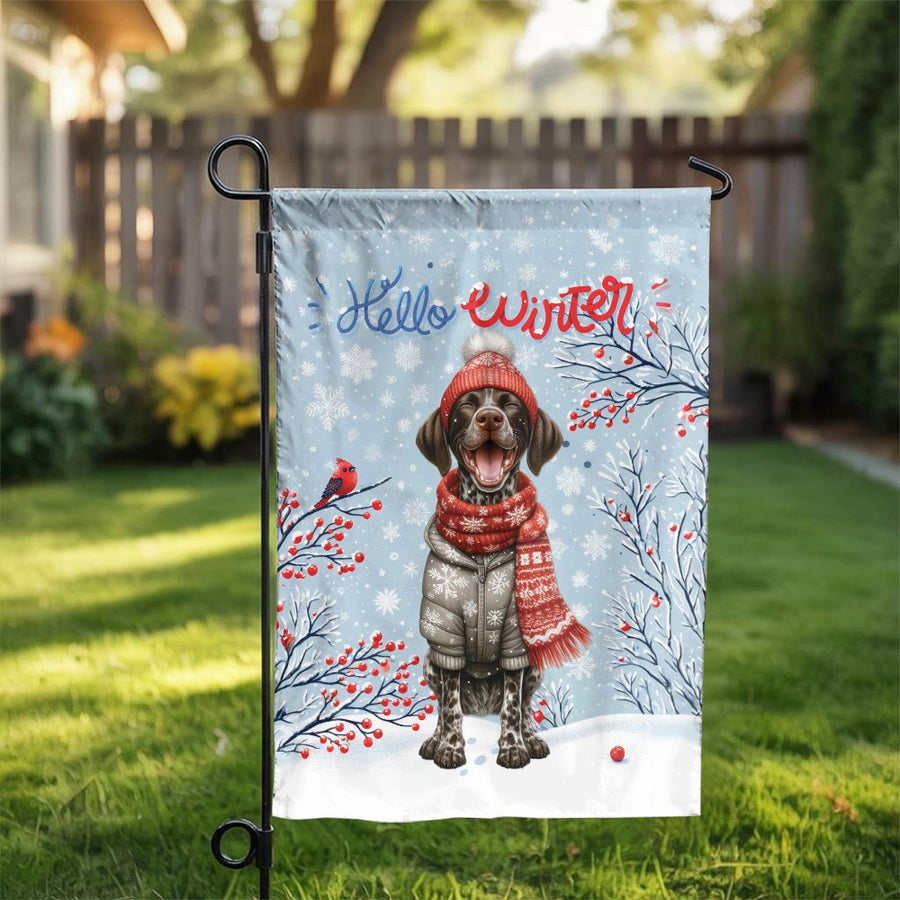 Winter Dog Garden Flag | Hello Winter Snowy Puppy Decor | Weather-Resistant Polyester | Seasonal Outdoor Yard Gift