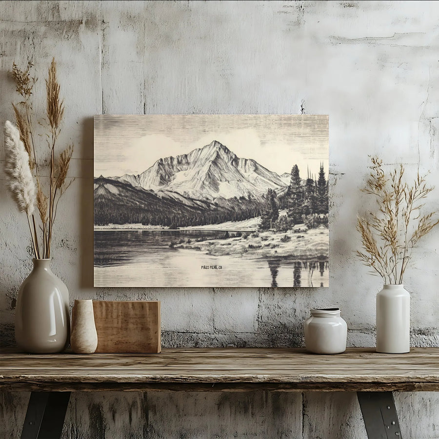 Pikes Peak Mountain Landscape Canvas Wall Art | Vintage Engraving Style Print | Premium Gallery-Wrapped Decor | Colorado Nature Lover Gift