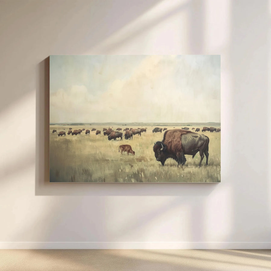 American Bison Canvas Wall Art | Grazing Buffalo Prairie Landscape | Gallery-Wrapped Premium Print | Western Wildlife Home Decor Gift