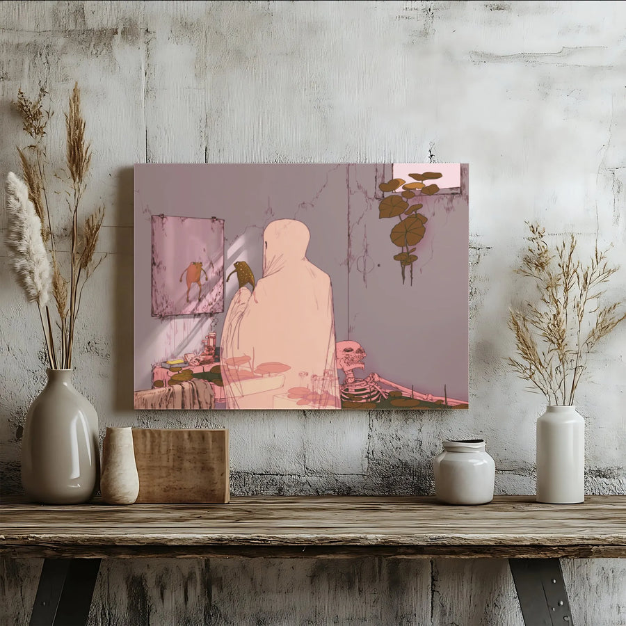 Surreal Ghost and Frog Canvas Print | Anime Sketch Macabre Art | Premium Gallery Wrapped Canvas | Dark Academia Room Decor Gift