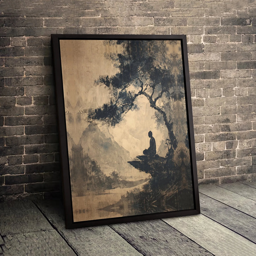 Zen Buddha Canvas Wall Art | Japanese Ink Wash Mountain Landscape | Premium Gallery-Wrapped Print | Mindfulness Home Decor Gift