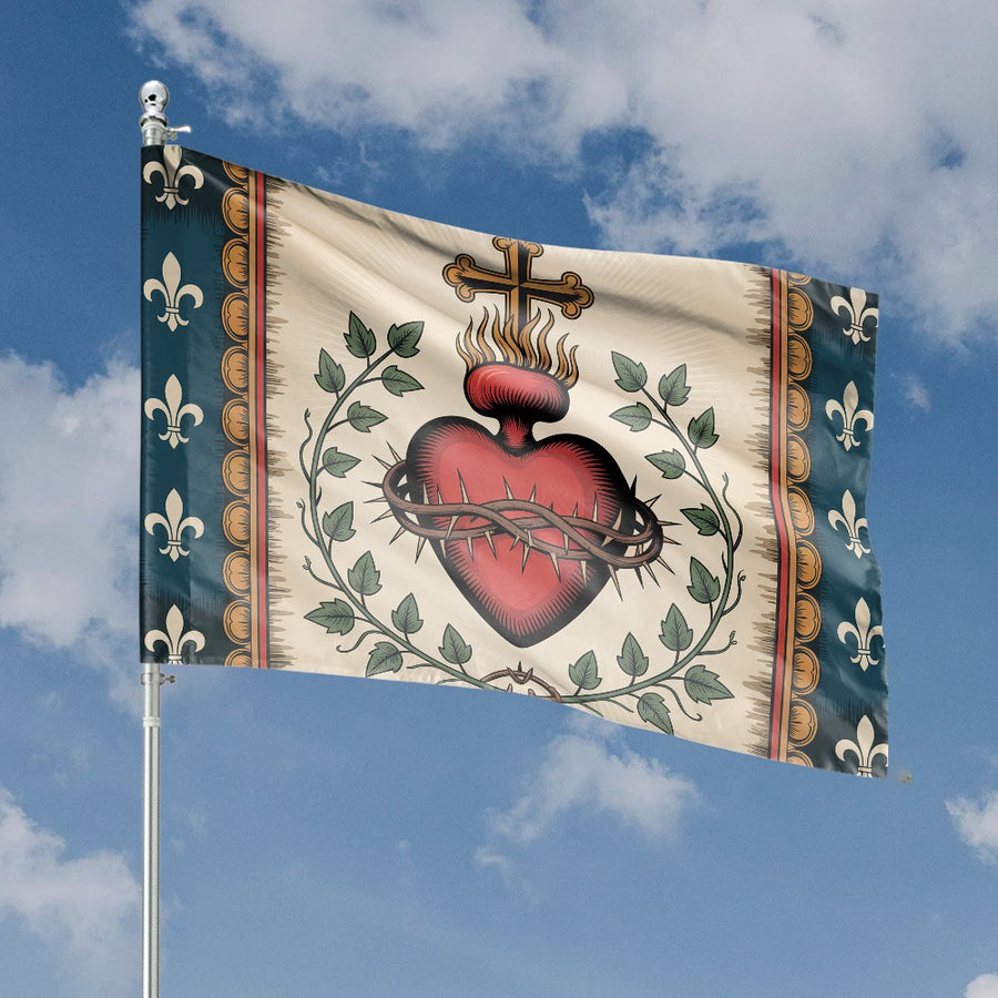 Sacred Heart of Jesus House Flag | Vintage Fleur-de-Lis Religious Garden Banner | Weather-Resistant Premium Polyester | Devotional Home Decor Gift