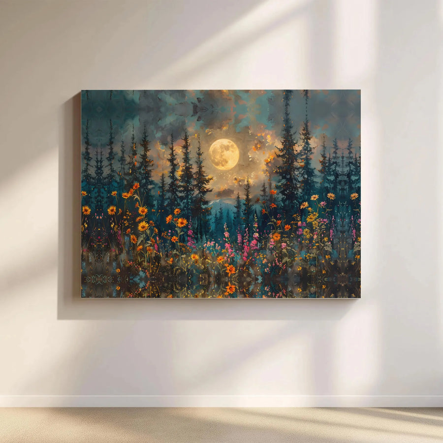 Full Moon Wildflower Forest Canvas | Moody Botanical Landscape Wall Art | Gallery Quality Fade-Resistant Print | Elegant Nature Decor Gift