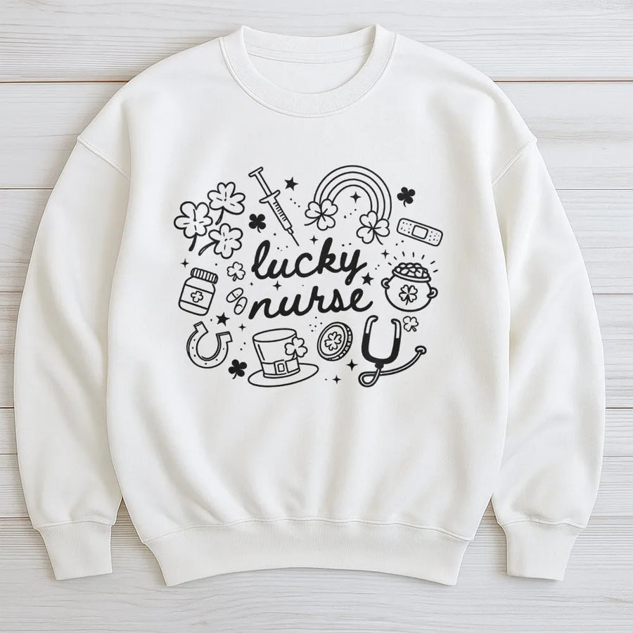 Lucky Nurse Sweatshirt | St Patricks Day Shamrock Doodle Design | Cotton Blend Crewneck | Irish Nursing School Gift For Women