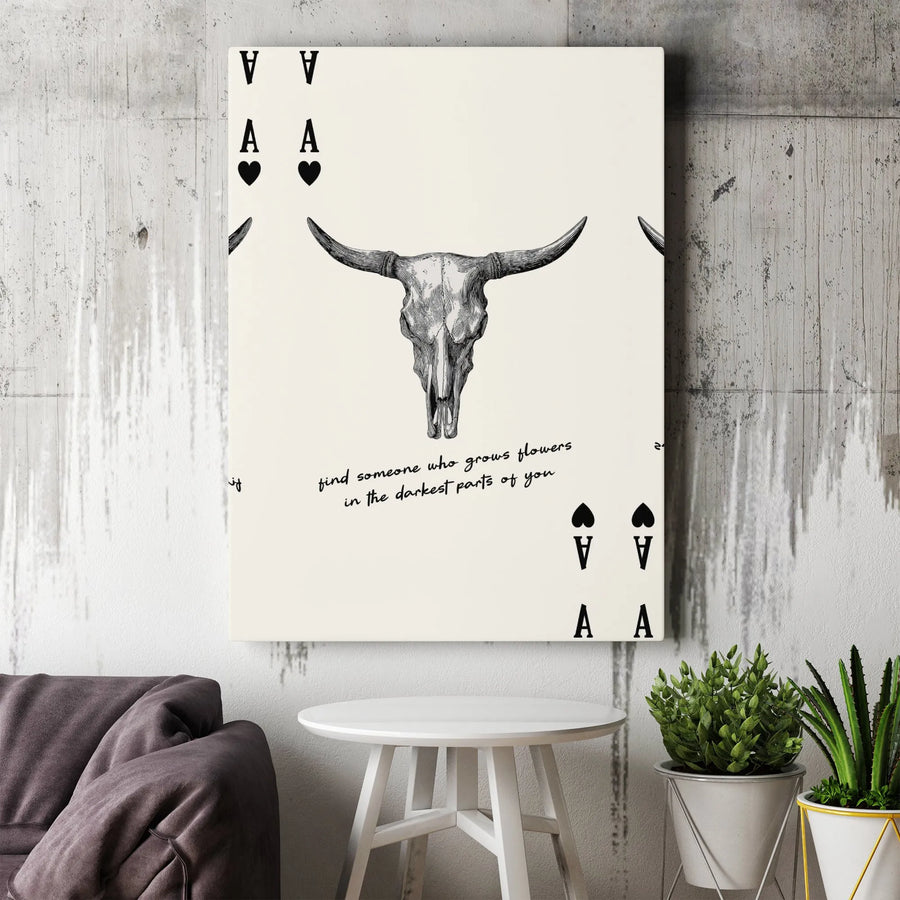 Bull Skull Ace of Hearts Canvas | Western Boho Playing Card Art with Quote | Premium Gallery Wrapped Print | Modern Farmhouse Decor Gift