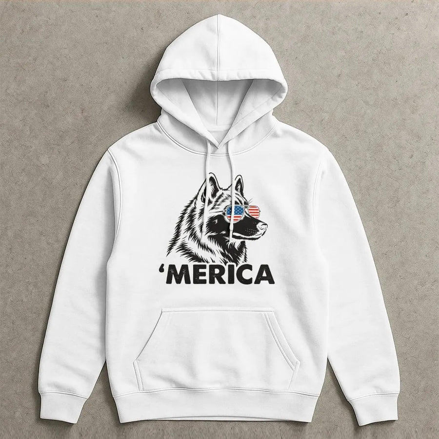 Patriotic Husky Hoodie | 'Merica Dog with American Flag Sunglasses | Soft 100% Cotton Tee | Funny Fourth of July Gift for Men