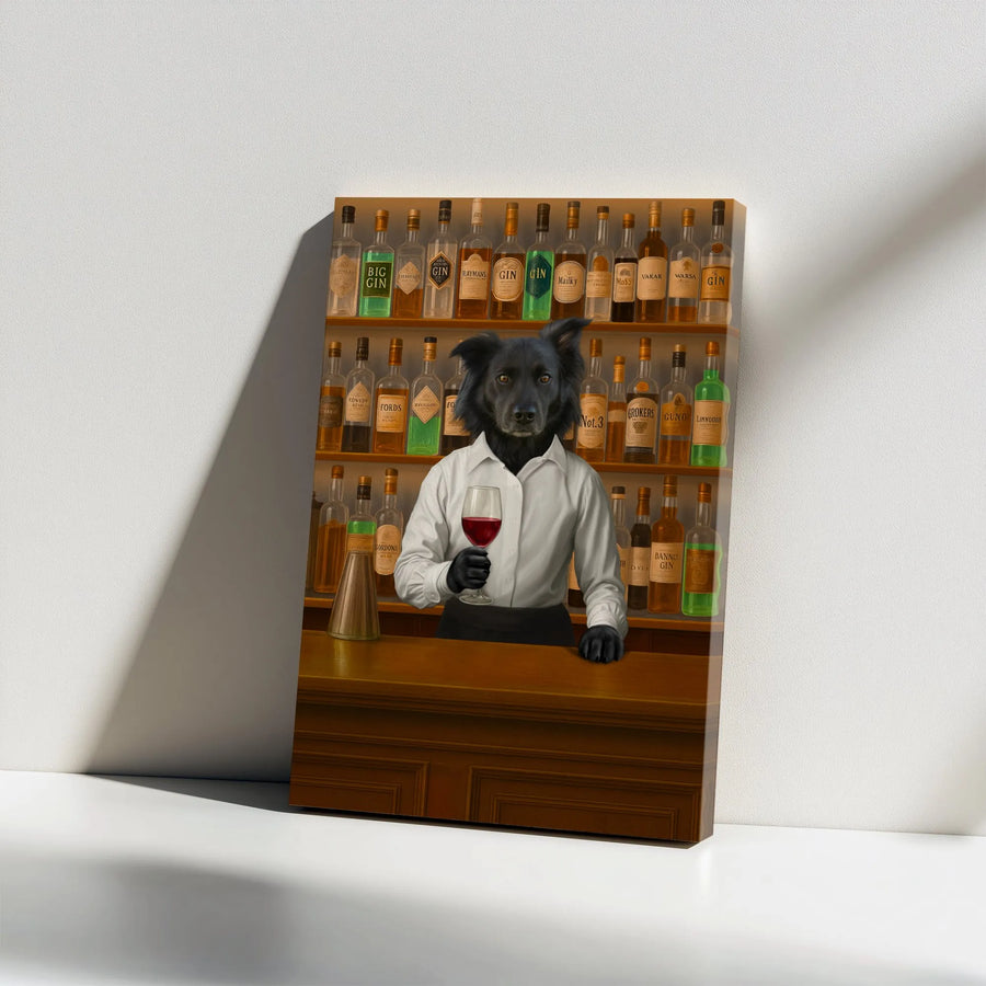 Dog Bartender Canvas Wall Art | Funny Black Dog Pouring Wine | Premium Gallery Wrap Print | Man Cave & Home Bar Decor Gift