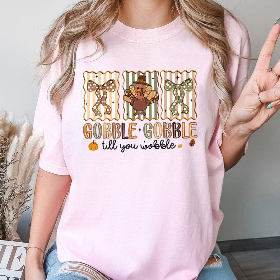 Gobble Gobble Till You Wobble T-Shirt | Funny Thanksgiving Turkey Graphic | 100% Cotton Premium Comfort | Cute Fall Gift for Women and Men