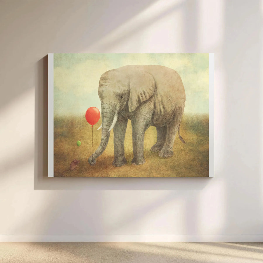 Elephant and Mouse Canvas Wall Art | Whimsical Friendship with Red Balloon | Premium Gallery Canvas Print | Nursery Wall Decor Gift for Kids