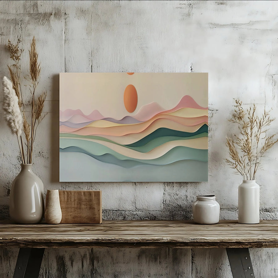 Abstract Mountain Wall Art | Modern Layered Hills & Sunset Print | Premium Gallery Wrapped Canvas | Boho Bedroom & Living Room Decor Gift