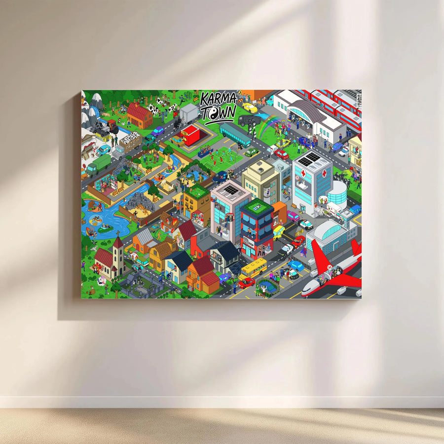 Karma Town Isometric Cityscape Canvas | Detailed Pixel Art Urban Print | Premium Gallery Wrap Decor | Unique Office & Home Wall Art Gift