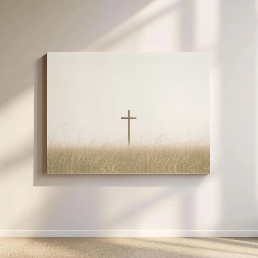 Christian Cross Canvas Wall Art | Minimalist Rustic Field Landscape | Premium High-Resolution Print | Inspirational Religious Home Decor Gift