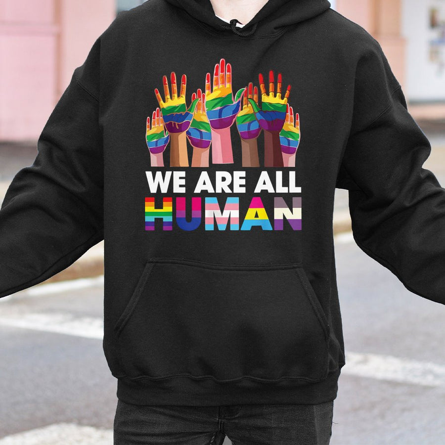 We Are All Human Hoodie | Rainbow LGBTQ Pride Flag Graphic | Premium Cotton-Poly Blend | Inclusive Gift For Equality Supporters