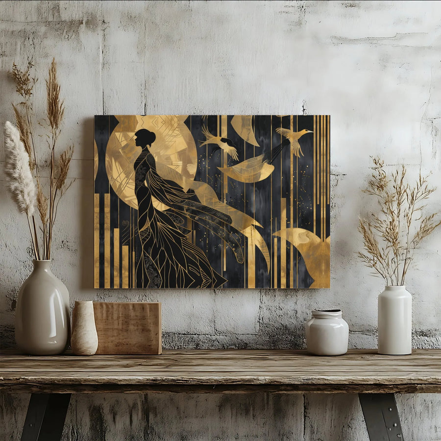 Art Deco Woman Silhouette Canvas Print | Black and Gold Abstract Wall Art | Premium Gallery Wrapped Frame | Elegant Home Decor Gift