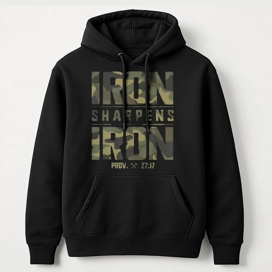 Iron Sharpens Iron Hoodie | Proverbs 27:17 Bible Verse Camo Graphic | Premium Cotton Blend | Faith-Based Christian Gift for Men