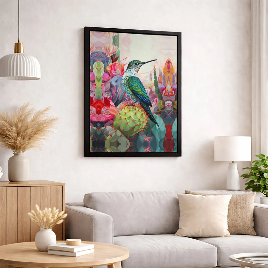 Hummingbird Cactus Canvas Art | Geometric Desert Floral Wall Decor | Premium Fade-Resistant Print | Colorful Wildlife Nature Gift for Home