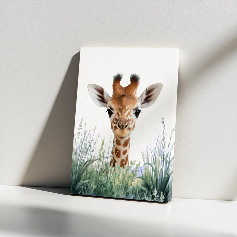 Baby Giraffe Canvas Wall Art | Adorable Safari Nursery Decor | Premium Gallery Wrap Print | Cute Animal Wildlife Painting for Kids Room