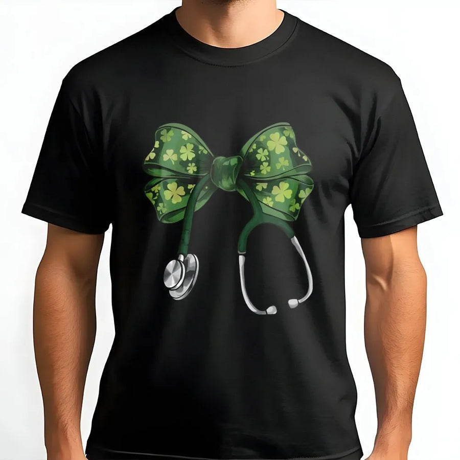 St. Patrick's Day Nurse T-Shirt | Shamrock Bow Stethoscope Design | Premium Cotton Graphic Tee | Lucky Irish Medical Professional Gift
