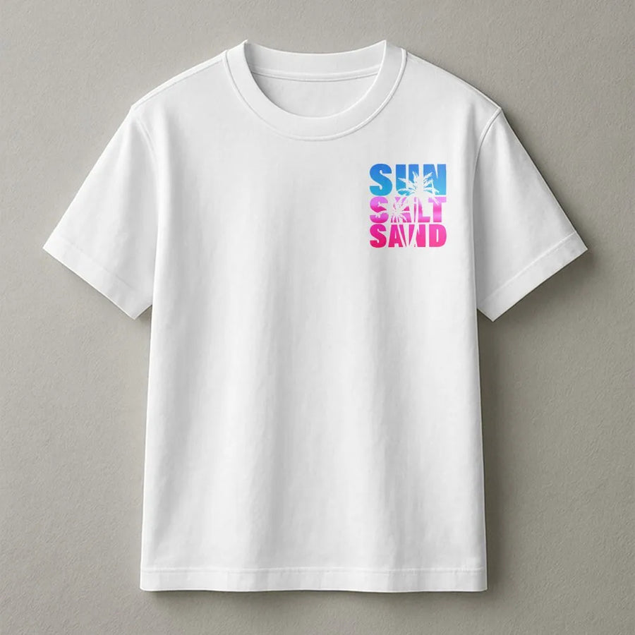 Sun Salt Sand T-Shirt | Minimalist Palm Tree Beach Graphic | Cozy Cotton Blend Pullover | Premium Gift for Surfer or Beach Lover