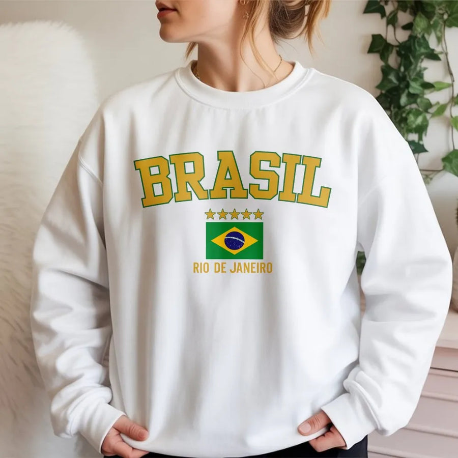Brazil Sweatshirt | Rio de Janeiro Collegiate Style Graphic | Premium Brazilian Flag Crewneck | Unisex Souvenir Travel Gift