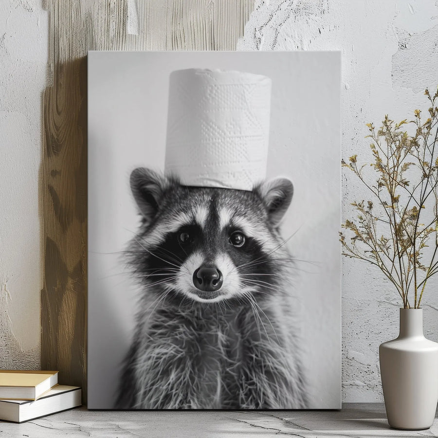 Raccoon Toilet Paper Canvas Wall Art | Funny Animal Bathroom Decor | Premium Gallery Wrap Print | Whimsical Home Office Gift