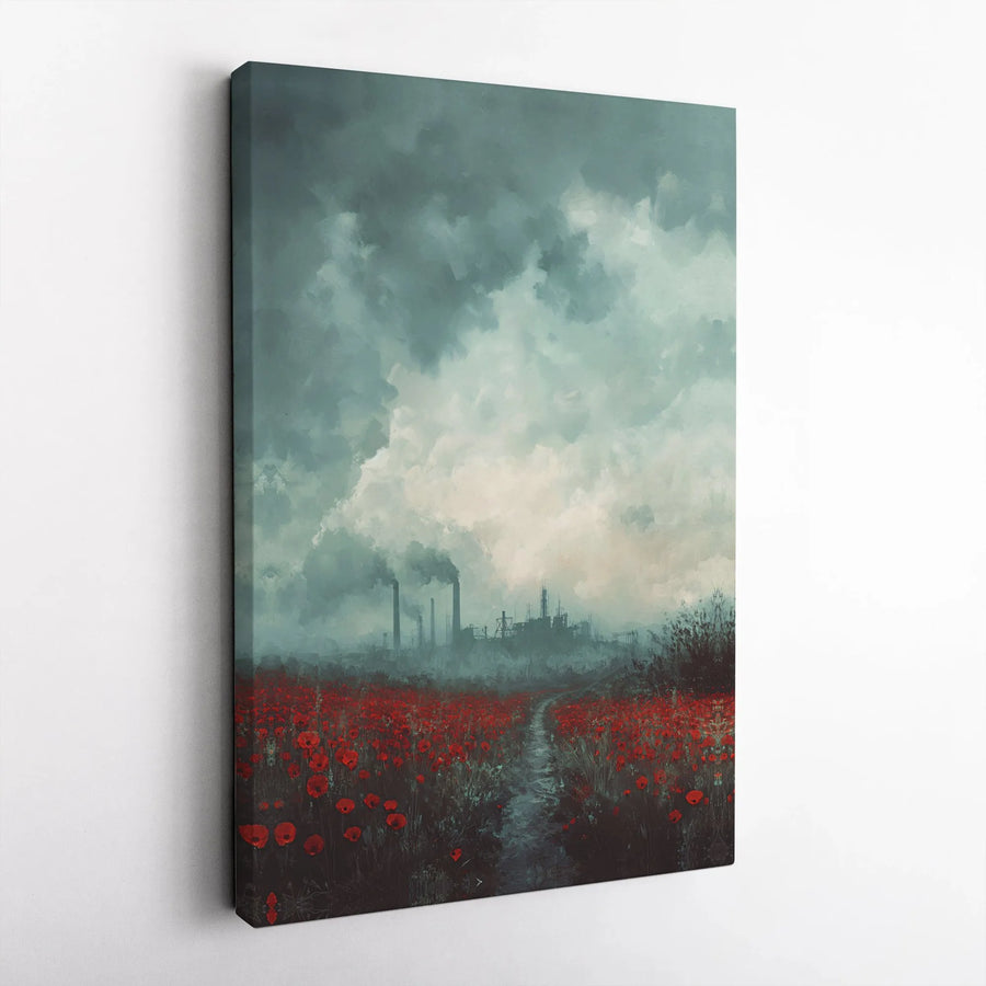 Dystopian Industrial Canvas Print | Red Poppy Field Landscape Art | 1.25-Inch Gallery Wrap | Atmospheric Modern Wall Decor for Living Room