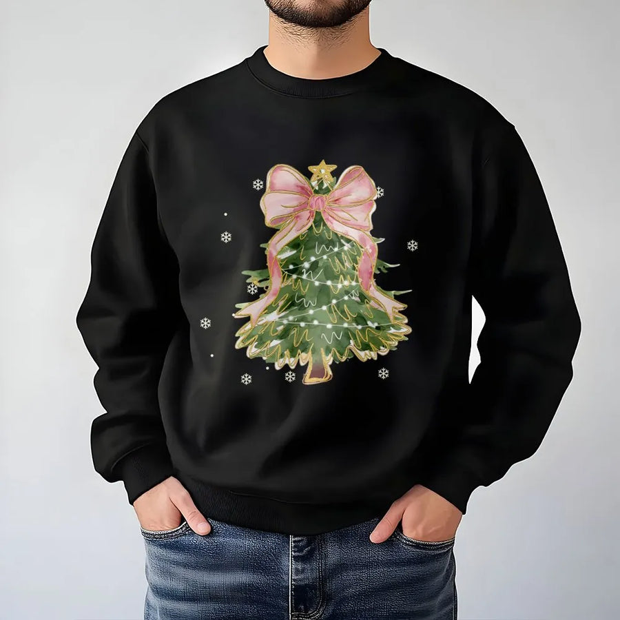 Coquette Christmas Tree Sweatshirt | Aesthetic Pink Bow Holiday Graphic | Soft Cotton Blend Unisex Pullover | Trendy Winter Gift For Her