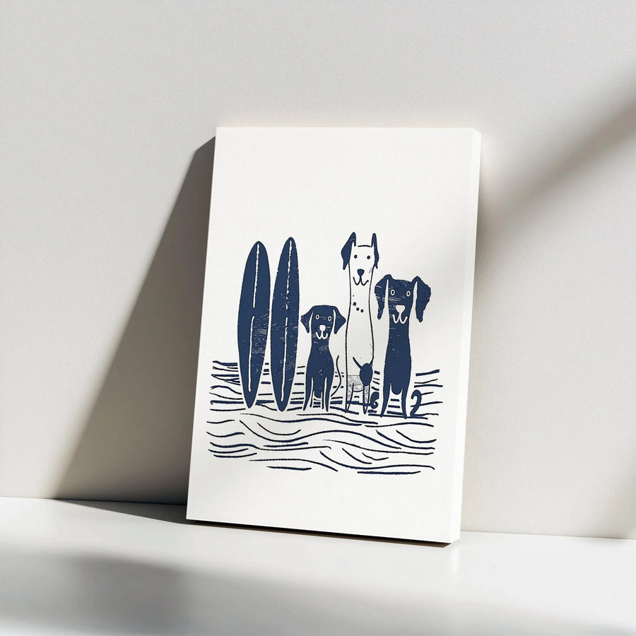 Surfing Dogs Canvas Wall Art | Minimalist Linocut Style Dog Print | Premium Gallery Wrap | Coastal Home Decor Gift for Dog Lover