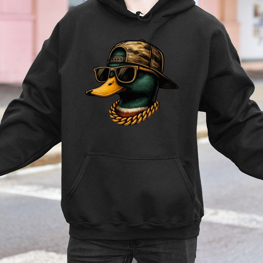 Cool Duck Graphic Hoodie | Urban Mallard With Sunglasses & Camo Hat | Cotton-Blend Premium Quality | Funny Streetwear Gift For Duck Hunters