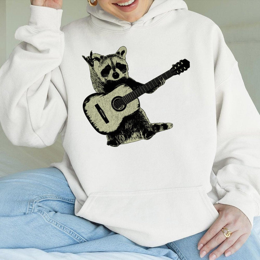 Raccoon Guitar Hoodie | Funny Acoustic Musician Graphic | Premium Cotton Blend | Quirky Gift for Music Lovers and Folk Rock Fans