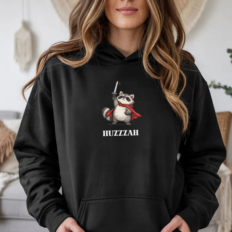 Raccoon Knight Graphic Hoodie | Huzzzah Medieval Warrior Humor | Soft Cotton Shirt | Funny Meme Aesthetic Gift for Fantasy Fans