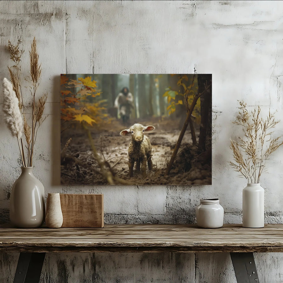 Jesus The Shepherd Canvas Print | Lost Lamb In Autumn Forest Wall Art | Premium 1.25-Inch Gallery Wrap | Spiritual Christian Home Decor Gift