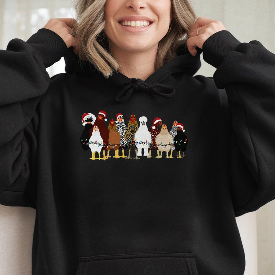 Christmas Chicken Hoodie | Cute Santa Hat Chickens with Holiday Lights | Premium Cotton Blend | Funny Farmer Gift for Chicken Lovers