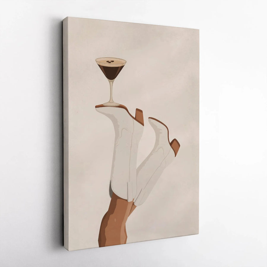 Espresso Martini Wall Art | White Cowboy Boots Illustration | Premium Gallery Wrap Canvas | Chic Bar Cart Kitchen Decor