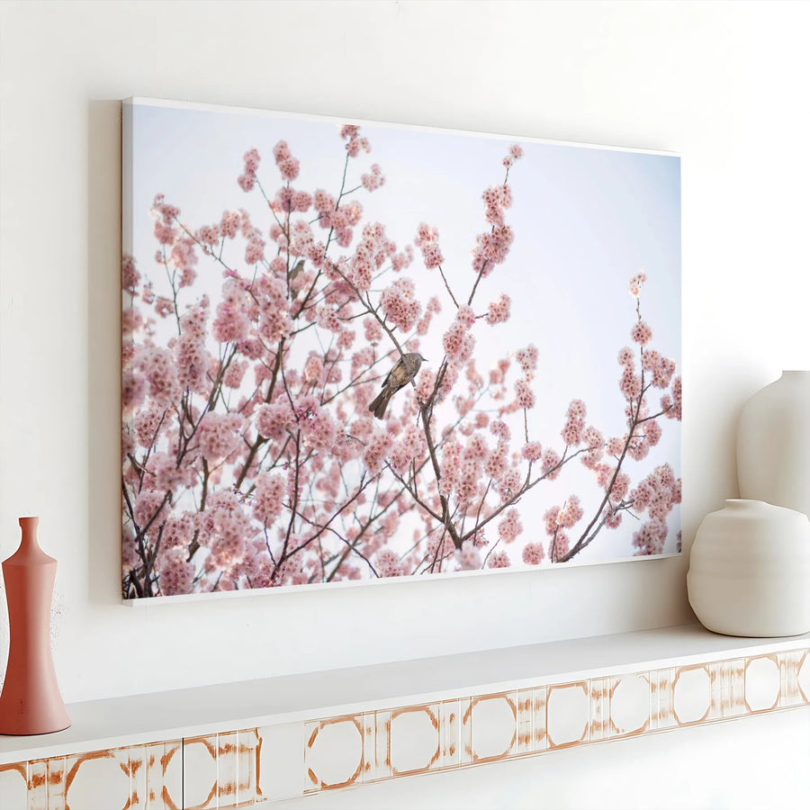 Cherry Blossom Bird Wall Art | Japanese Sakura Tree Photography | Premium Canvas Print | Nature Inspired Home Decor Gift