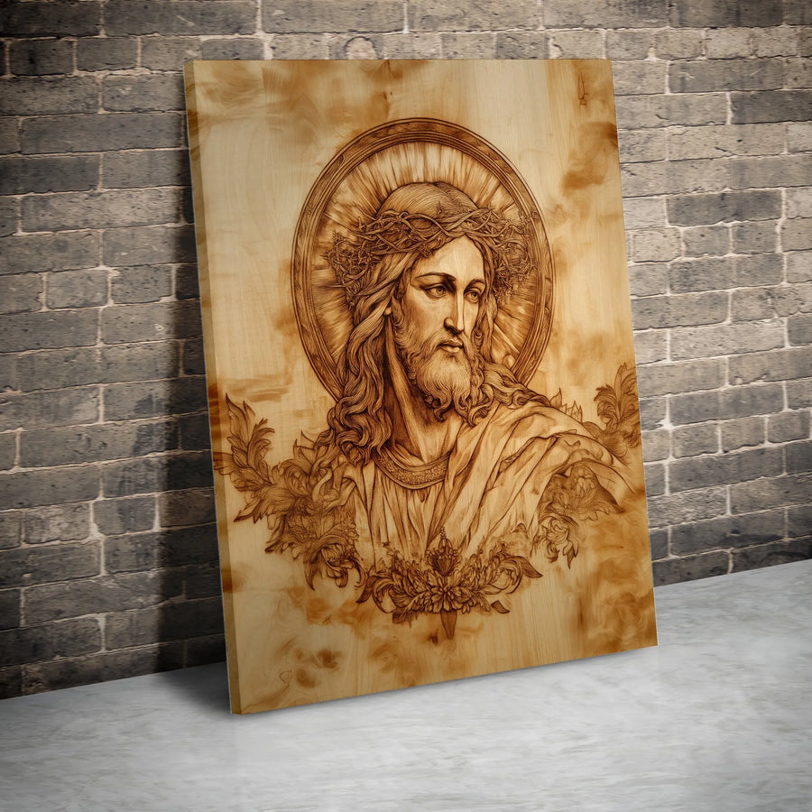 Jesus Crown of Thorns Canvas | Religious Wood Burn Style Wall Art | 1.25" Gallery Wrap Premium Print | Christian Home Decor Gift